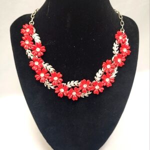 Vintage Celluloid Red Floral and Rhinestone Necklace